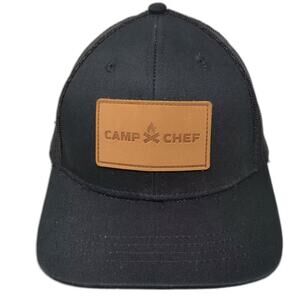 Camp Chef Black Trucker Hat Brown Leather Patch One Size Mesh Back Adjustable
